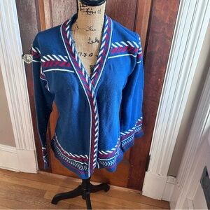 Elegant Blue Women's Cardigan with Patterned Trim